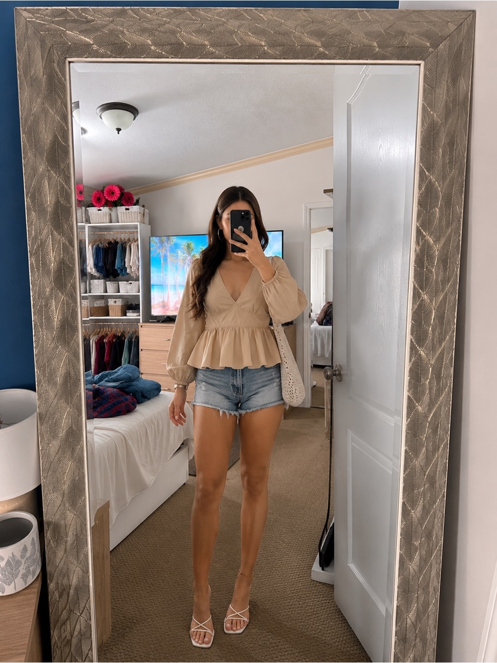 Cream Peplum V-Neck Tie-Back Long Sleeve Top